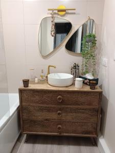 La salle de bains est pourvue d'un lavabo et d'un miroir sur une commode. dans l'établissement Appartement REZ DE JARDIN avec SPA entre la MER et Montpellier 10mn, à Lattes
