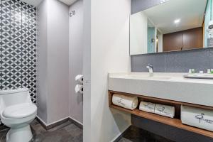 ein Badezimmer mit einem WC, einem Waschbecken und einem Spiegel in der Unterkunft Hotel Flamencos in Mexiko-Stadt