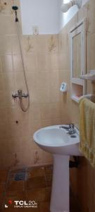 uma casa de banho com um lavatório branco e um chuveiro em Hospedaje LA LUCIA em Almafuerte