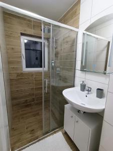 a bathroom with a glass shower and a sink at Cozy Stay Apartments in Salzburg