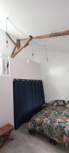 a bedroom with a bed and a blue curtain at Maison de campagne au calme in Molac +2 photos
