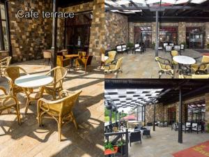 2 immagini di una terrazza caffetteria con sedie e tavoli di Apartments Hotel Snejanka Pamporovo a Pamporovo