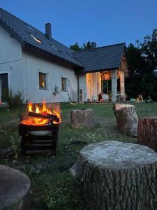 a fire pit in a yard in front of a house at Dom z widokiem na góry stołowe i dużym ogrodem in Kłodzko
