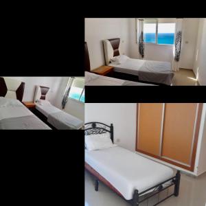 uma colagem de quatro fotografias de um quarto com duas camas em Marina Golf appartement de luxe em Arzila