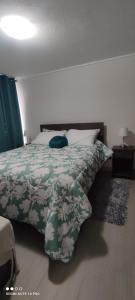 a bedroom with a bed with a green and white comforter at Departamento nuevo y cómodo in Santiago