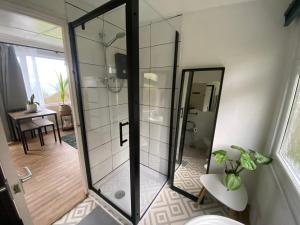 a bathroom with a glass shower with a toilet at Bay view chalet, 28 Sea Valley in Bucks Mills