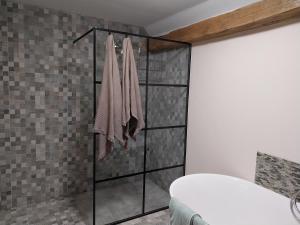 a bathroom with a glass shower stall with towels at La grange aux dîmes in Walcourt +61 photos