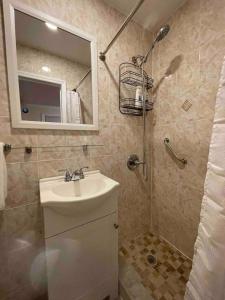 uma casa de banho com um lavatório e um chuveiro em Entire Beautiful 2BR Apartment [L]. Convenient location in the heart of Queens! em Whitestone