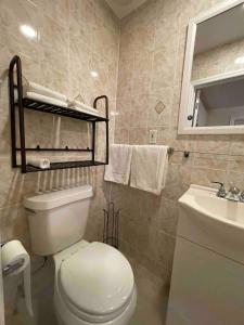 uma casa de banho com um WC branco e um lavatório. em Entire Beautiful 2BR Apartment [L]. Convenient location in the heart of Queens! em Whitestone