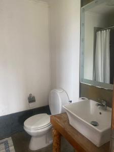 a bathroom with a white toilet and a sink at Dorotea Vista in Puerto Natales