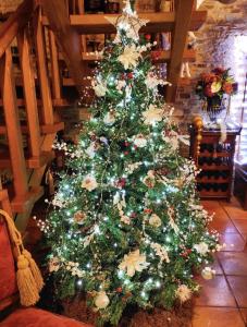 Un árbol de Navidad con luces y adornos. en Casa Elvira, en Marquiño
