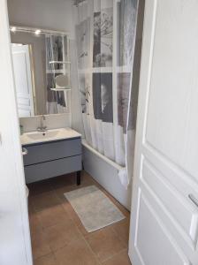La salle de bains est pourvue d'un lavabo et d'un rideau de douche. dans l'établissement Jasse 632, à Gallargues-le-Montueux