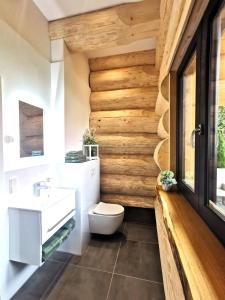 ein Badezimmer mit einem weißen WC und einer Holzwand in der Unterkunft DAS Chalet mit Schlossblick in Wernigerode in Wernigerode