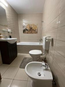 La salle de bains est pourvue d'un lavabo, de toilettes et d'une baignoire. dans l'établissement Londof Villa with panoramic view, à Braşov
