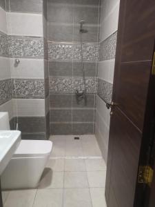 een badkamer met een douche, een toilet en een wastafel bij هلتون بلو in Mekka