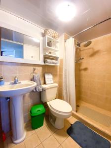 y baño con aseo, lavabo y ducha. en Penthouse Apartment with Spectacular Pool and Mountain Views!, en Jacó