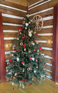 a christmas tree is against a wooden wall at Holidayhouse Chalupa Alžbetka in Važec