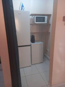 a small kitchen with a refrigerator and a microwave at Chez Nana in Cayenne