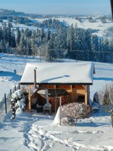 a log cabin with snow on top of it at Domek z jacuzzi Tatrzańskie Serce in Czerwienne