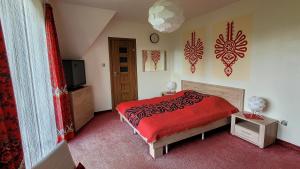 DzianiszにあるWilla Rąbanisko z sauną fińskąのベッドルーム(赤いベッド1台、テレビ付)