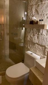 uma casa de banho com um WC, um chuveiro e um lavatório. em Altamonte Hotel Boutique em Bernal