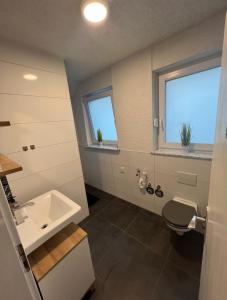 a bathroom with a sink and a toilet and two windows at Meli-Vellmar in Vellmar