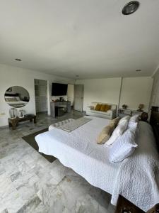Puerto EspejoにあるCasa Merchu Finca Spaのベッドルーム(大きな白いベッド1台、ソファ付)