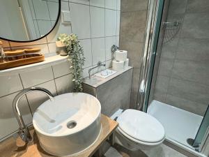 W łazience znajduje się umywalka, toaleta i prysznic. w obiekcie Schöne Ferienwohnung im Zentrum mit Self Check-In und Free Wifi w Essen