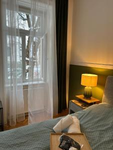 Habitación de hotel con cama y ventana en Apartment 5 min Schönbrunn Gloriette, Direct to City Center, Free Parking, en Viena