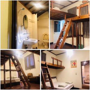 Puli Town B&B في بولي: ثلاث صور لغرفة بها سرير بطابقين