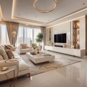 una gran sala de estar blanca con sofá y TV en Special VIP Mariott Apartment, en Baku