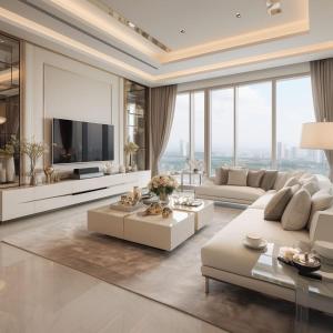 a living room with white furniture and large windows at Special VIP Mariott Apartment in Baku