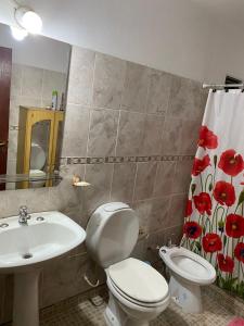 Un baño con un inodoro blanco y un lavabo. en CABAÑAS MIS SUEÑOS I, en Merlo