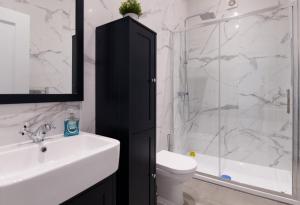 uma casa de banho com um lavatório, um chuveiro e um WC. em Fantastic New, London Apartment 3 Bed 1 Bath & Parking em Whetstone