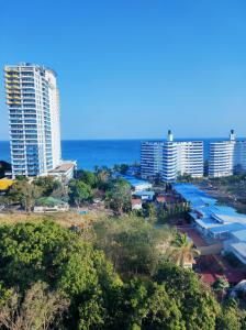 プラヤ・コロナドにあるApartamentos en Playa Coronadoの高層建築物と海の都市