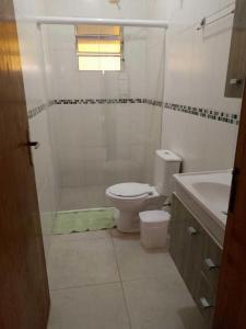 a bathroom with a toilet and a shower and a sink at Recanto Mar Rico in Boracéia
