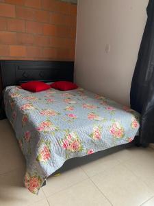 1 cama con edredón y 2 almohadas rojas en Casa en Villa Verde Pereira, en Pereira