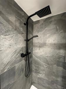 a shower with a shower head in a bathroom at Adam Court Apartments - PE1 - Contractor Friendly - Choice of Studios or 1 Bed Apartments - Free Parking - Sofa Beds - Sky TV - Full Kitchen - Washer Dryer - WiFi in Peterborough