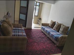 a living room with two couches and a red carpet at Barrett Accommodation Budget Rooms in Suva