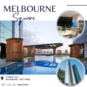 a collage of photos of a swimming pool on a building at Luxury 3 Bed 2 Bath + car park at Melbourne Square in Melbourne