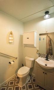 a bathroom with a toilet and a sink at Lake Texoma's Barn-dominum in Pottsboro in Pottsboro
