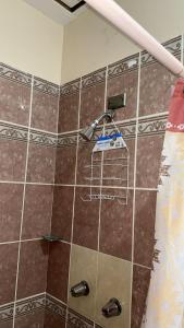 a bathroom with a shower with a tile wall at Vacation Home La Ceiba in La Ceiba