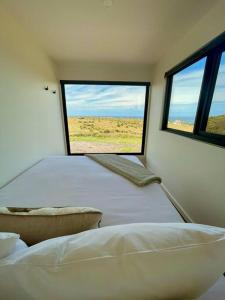 a bedroom with two beds and a window at Bay of Fires Tiny Home in Binalong Bay