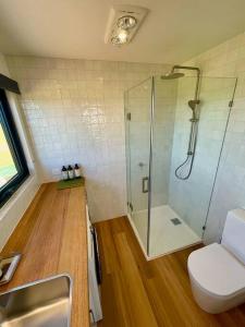 a bathroom with a shower and a toilet and a sink at Bay of Fires Tiny Home in Binalong Bay