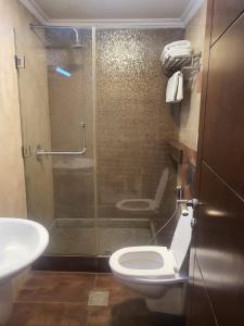 La salle de bains est pourvue d'une douche, de toilettes et d'un lavabo. dans l'établissement Aghadeer Hotel, à Amman