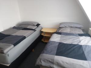 2 camas en una habitación con una mesa pequeña en Apartment Biesnitz en Görlitz