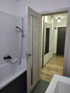 baño con puerta, lavabo y espejo en Casa Ioana en Târgu Mureș