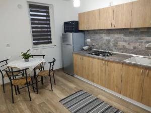eine Küche mit Tisch, Spüle und Kühlschrank in der Unterkunft Casa Ioana in Târgu Mureș + 24 Fotos