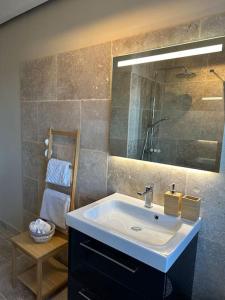 La salle de bains est pourvue d'un lavabo et d'un miroir. dans l'établissement Beautiful two bedroomed gite, à Soturac