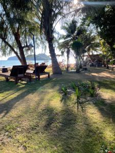 a park with benches and palm trees on the beach at BaanYaiGuesthouse in Ko Mak